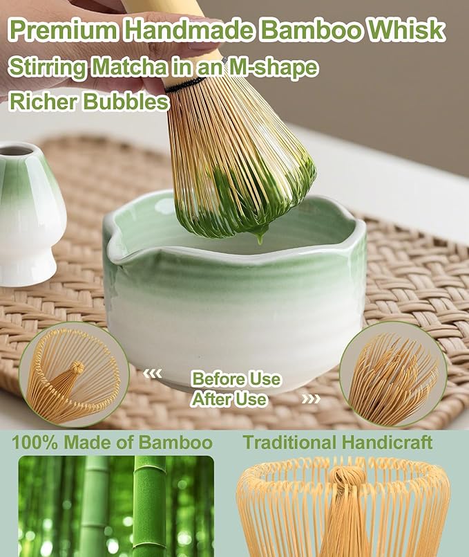 JBER Matcha Whisk Set, Ceramic Matcha Kit Includes Bowl with Spout, Matcha Whisk (Chasen) and Holder, Sifter, Scoop, Spoon & Rest - 7PCS Matcha Set for Matcha Lovers Ceremony, Gradient Light Green