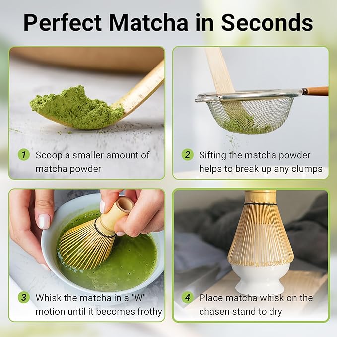 Bamboo Matcha Whisk Set -Matcha Whisk (Chasen),Whisk Holder(White),Sifter,Tea Scoop and Tea Spoon