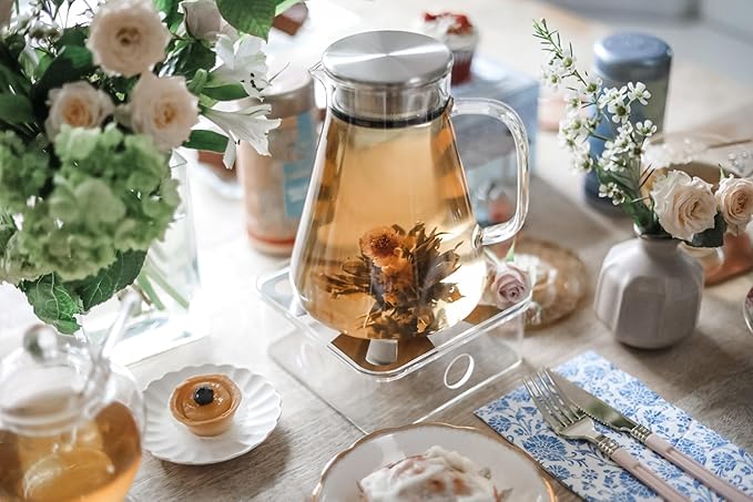 Teabloom One-Touch Tea Maker, 2-in-1 Teapot and Kettle with Stainless Steel Filter Lid for Loose Tea – Stain-Free Borosilicate Glass Teapot (40 Oz) – Tea Connoisseur's Choice