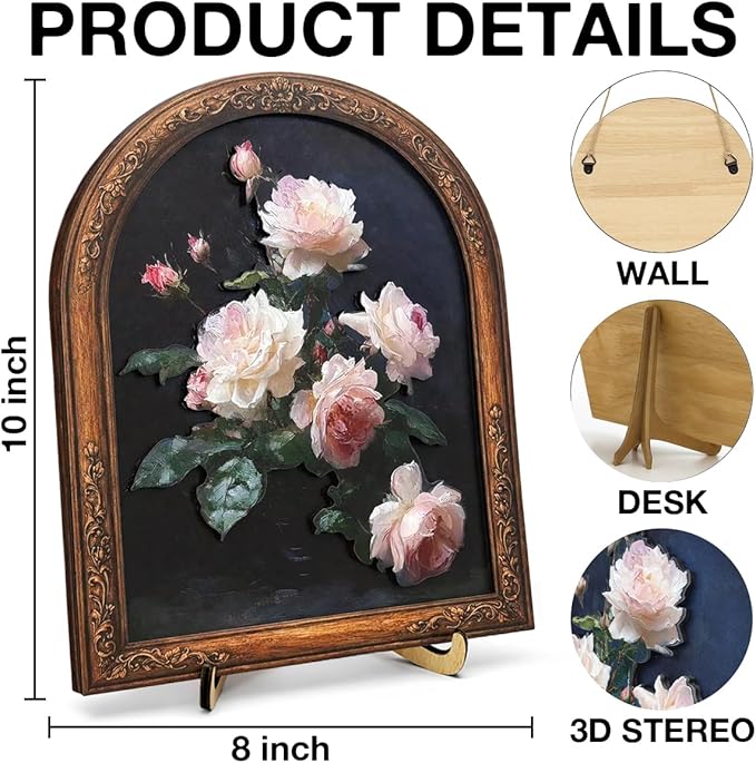 Vintage Rose Flower Wall Art Sign for Bedroom Decor, Antique Botanical Wall Decor, 8x10 Inch