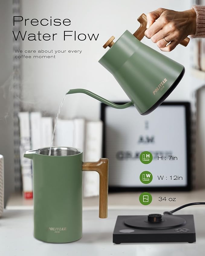 POLIVIAR Electric Gooseneck Kettle, 1200W Electric Tea Kettle Real Wood Handle, 34oz Pour Over Electric Kettle for Coffee & Tea, 18/8 Stainless Steel Inner, Temperature Control & Rapid Heating