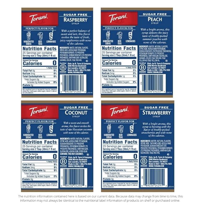 Torani Sugar Free Flavored Drink Syrup Soda Flavors Variety Pack, Raspberry, Coconut, Strawberry & Peach, 25.4 fl oz, (Set of 4)