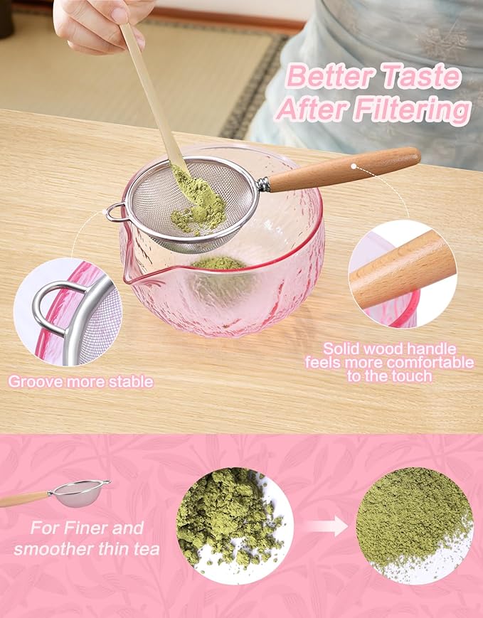Matcha Whisk Set, 7 Pcs, Matcha Kit Includes Matcha Bowl, Matcha Whisk and Holder, Bamboo Scoop, Spoon, Sifter and Tea Towel, Matcha Set, Gift for Matcha Lovers & Beginners (Glass Pink)
