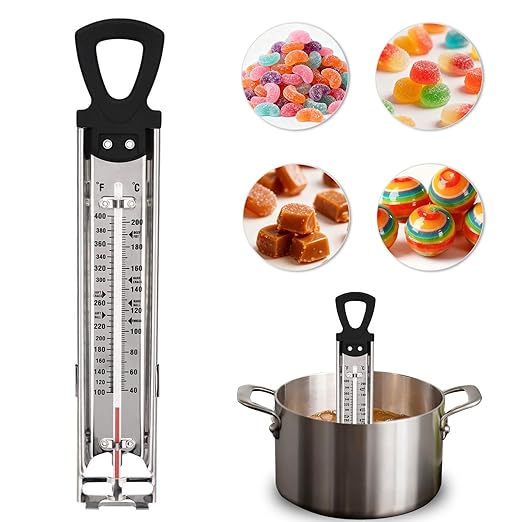 Stainless Steel Candy & Deep Fry Thermometer with Pot Clip & Handle - Analog Sugar Thermometer for Candy Making, Jam, Syrup, Oil, Chocolate, Brewing - Kitchen Cooking Food Thermometer