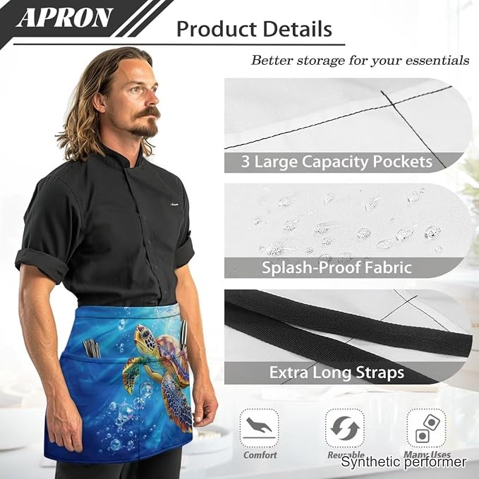 Server Apron with 3 Pockets 13 Inch Short Half Waist Aprons Waterproof Cooking Aprons for Women Men - Image 6