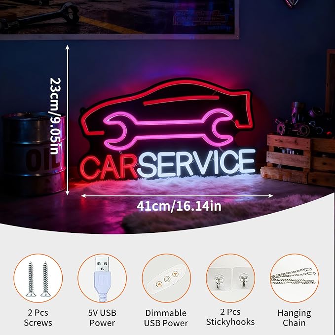Car Service Neon Sign, Car Silhouette and Wrench Shapes Decorative Neon Light for Auto Shop Garage Workshop Man Cave Wall Table Automotive Themed Decor, USB Powered LED Light, 16.1 x 9.1 In - Image 2