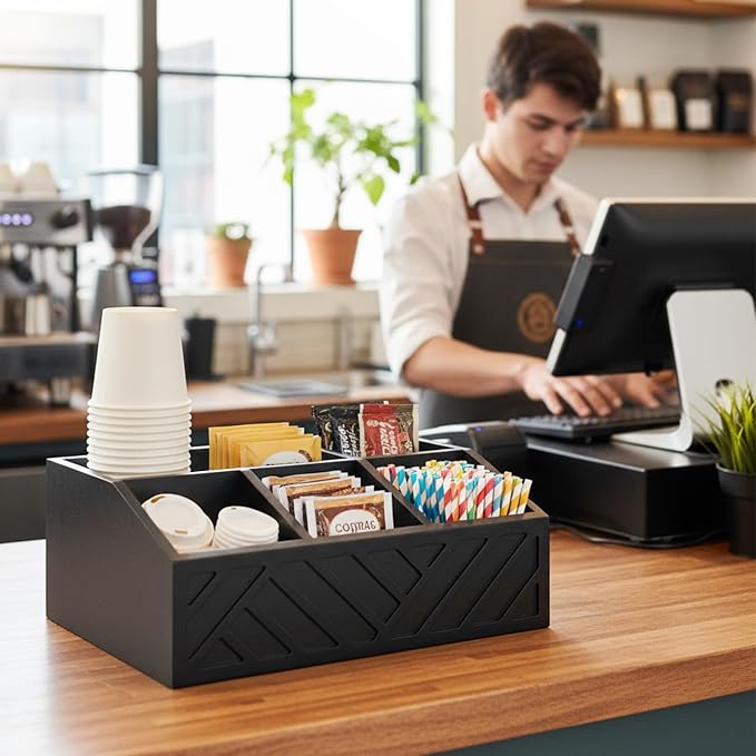 Kifmurase Black Coffee Station Organizer for Counter, Wood Coffee Pods Holder Storage Basket with 5 Compartments, Coffe and Tea Condiment Basket Storage Organizer, Farmhouse Bar Accessories Decor - Image 5