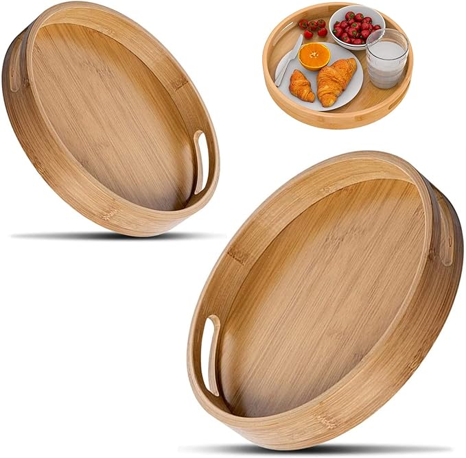 RHBLME 2 Pack Round Wood Tray - 12 Inch & 14 Inch, Handles, Decorative Ottoman Bamboo Serve Tray for Food, Cocktail, Drink