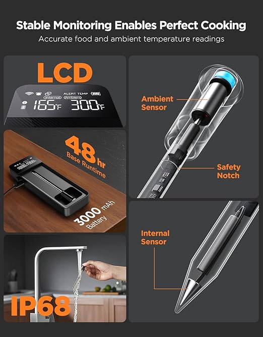 GoveeLife Bluetooth Wireless Meat Thermometer with Digital Standalone LCD Base, WiFi Unlimited Range, 1.8 Accuracy, Food Grade Internal Ambient Sensor Probes for Kitchen, BBQ, Grill, Oven, Smoker