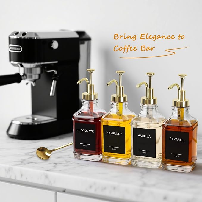 Coffee Bar Accessories, Coffee Syrup Dispenser 16.9 fl oz/500ml, Glass Syrup Dispenser with Gold Pump Dispenser, Labels, Spoons for Coffee Bar, 4 Pack - Image 7