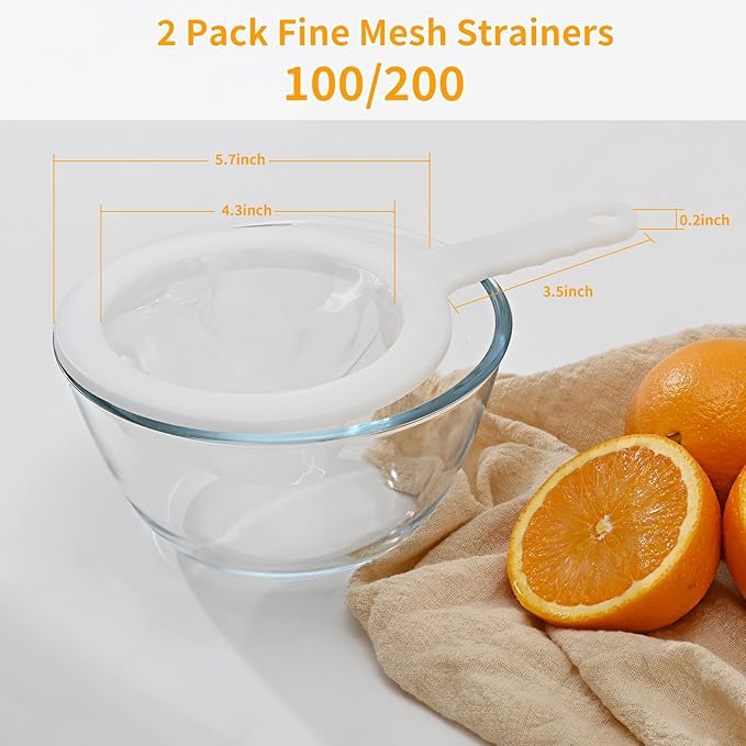 Premium Multi-Mesh Strainer Set, Nylon and Plastic Fine Mesh Sieve, 100/200 Mesh, 2 Pack, for Tea, Coffee, Nut Milk, Juice, Broth, Smoothies