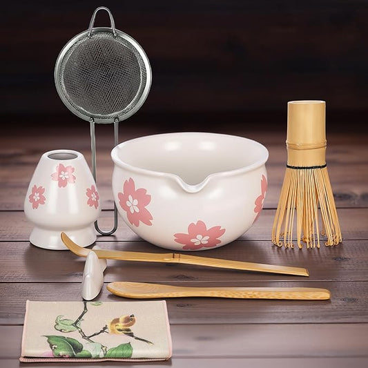 Matcha Whisk Set, 8 Pcs Matcha Making Kit with Ceramic Bowl, Japanese Style Bamboo Chasen, Scoop, Sifter & Holder - Complete Matcha Set for Beginners & Enthusiasts, Ideal Gift (White)