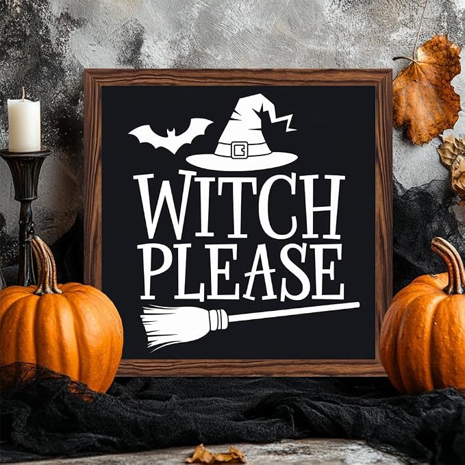 Vintage Witch Please Wooden Sign, With Frame Witch Broom, Bats Elements Decorative Sign for Bedroom, Kitchen, Cafe, Bar Wall Decor, Halloween Decor 7.87x7.87 Inch - Image 2
