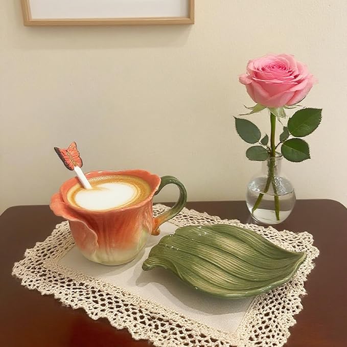 Ceramic Tea Cup and Saucer Set ，6OZ 3D Hand-Painted Flower Coffee Mug，Gift for Women -Orange Tulip