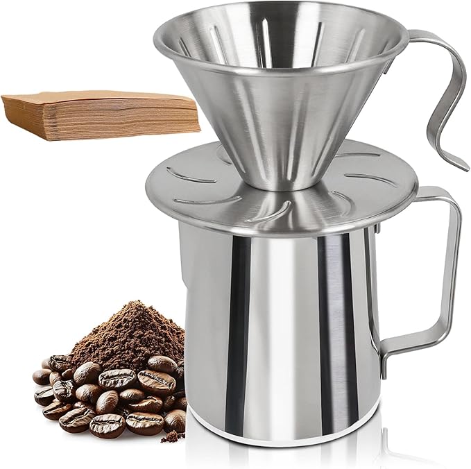 Pour Over Coffee Maker 350ml Milk Frothing Pitcher 304 Thickened Stainless Steel Drip Coffeemaker Set with 50pcs V60 Cone Paper Filters Hand Brew Dripper Carafe for Home Camping Travel 12oz