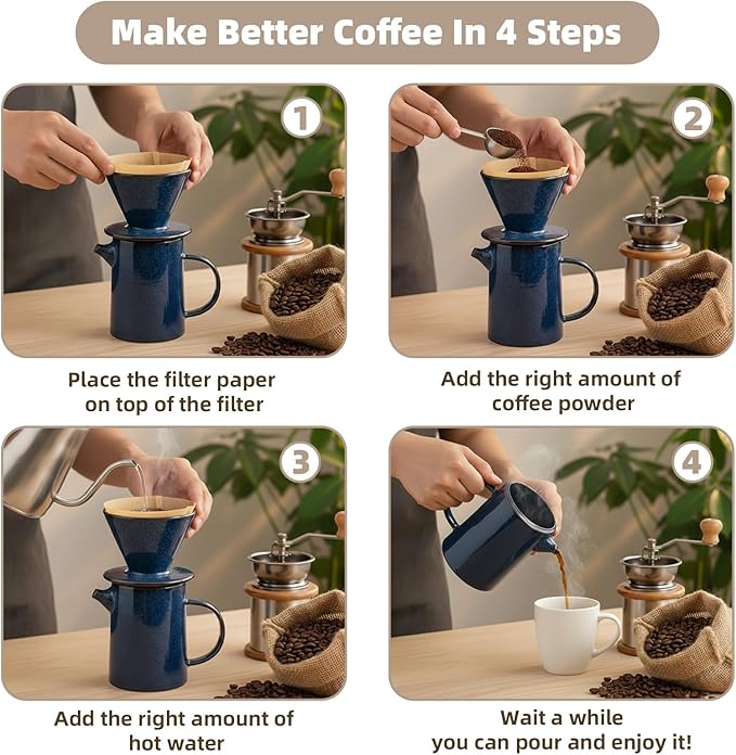 Pour Over Coffee Maker Set, Blue Vintage Coffee Maker with 20 Count Paper Coffee Filters, High Heat Ceramic Pour Over Coffee Dripper Set for Home, Restaurant, Camping Hiking, 16.5 Ounces