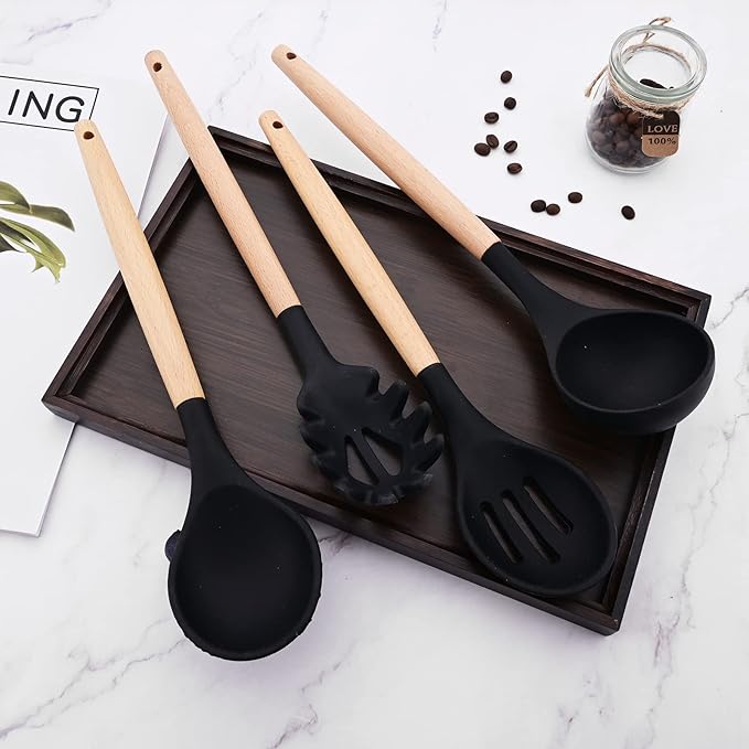 1pcs Black Solid Spoon, Silicone Nonstick Mixing Spoon, Silcone Serving Spoon for Cooking Baking Stirring Serving. Heat Resistant Cooking Utensils.