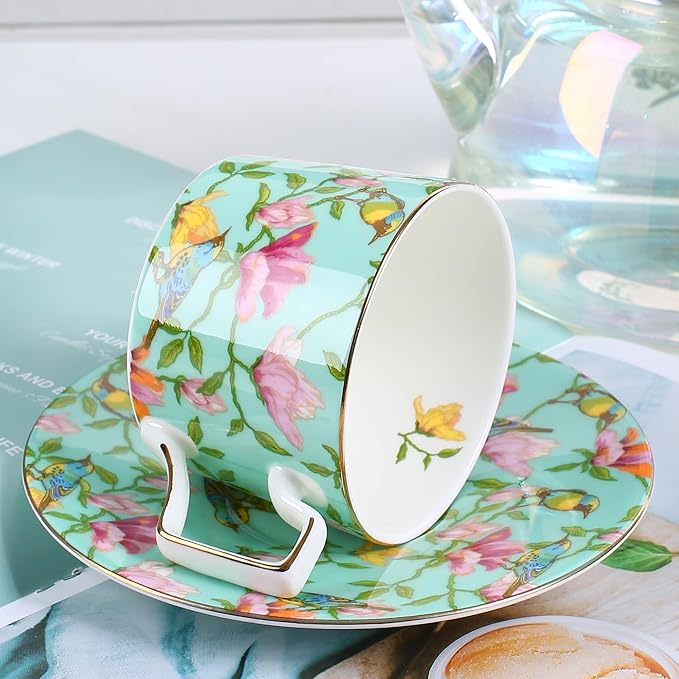 Vintage 8 Ounces Teacup and Saucers Set Floral Tea Cups Set Bone China TeaCups Coffee Tea Cup for Tea Party Women Mom (Green)