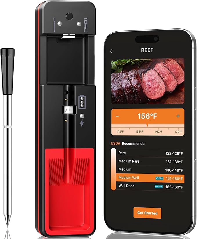 Smart Wireless Meat Thermometer with Ultra-Thin Probe, 6 Sensors Accuracy Digital Food Thermometer 0.5S Instant Read, IP67 Waterproof for BBQ, Grill, Smoker, Oven, Air Fryer,Black