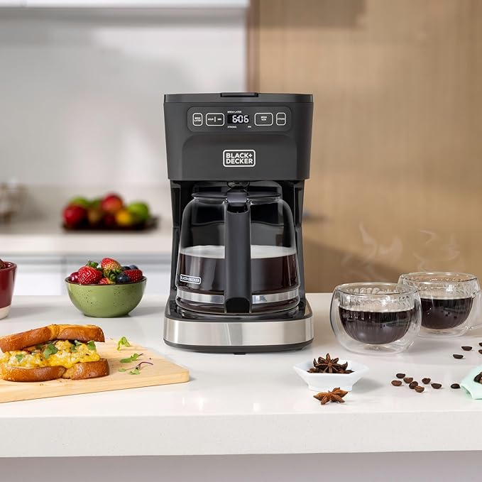 BLACK+DECKER CAFÉCRAFT 12-Cup Programmable Coffee Maker, Stainless Steel Drip Coffeemaker with Vortex Showerhead, Strength Selector, Sneak-A-Cup, Keep Warm