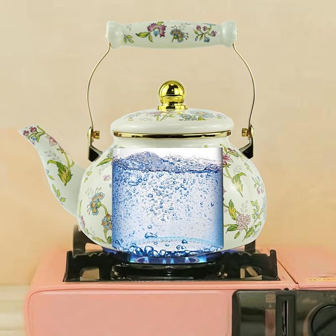 Floral Enamel Tea Kettle Bohemian Gold Beige Teapot Vintage Boho Hot Water Coffee Kettle Pot 2.5L Porcelain Tea Pot Retro Pot Stovetop Kitchen Home Decor