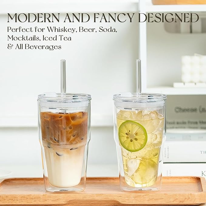 KEMORELA 16oz Clear Glass tumbler with Lids and Straws 2pcs,Double Wall Iced Coffee Cups with Lids,Coffee Bar Accessories, Insulated Borosilicate Glass Tumblers, To Go Coffee Cups, Spill proof