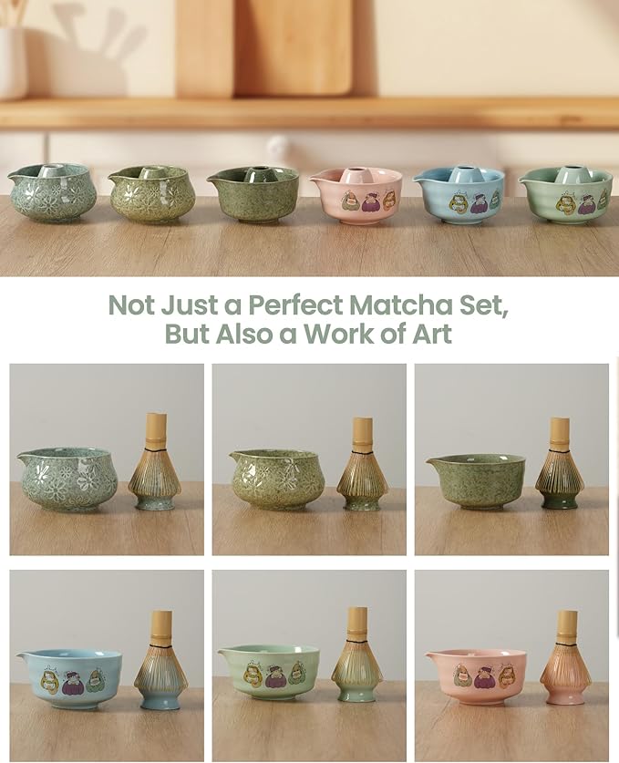 Matcha Whisk Set-7-Piece Ceramic Matcha Kit for Matcha Lovers,Includes 18 oz Matcha Bowl,Bamboo Matcha Whisk & Holder,Bamboo Scoop,Scoop Rest,Sifter,and Tea Towel(Blue)