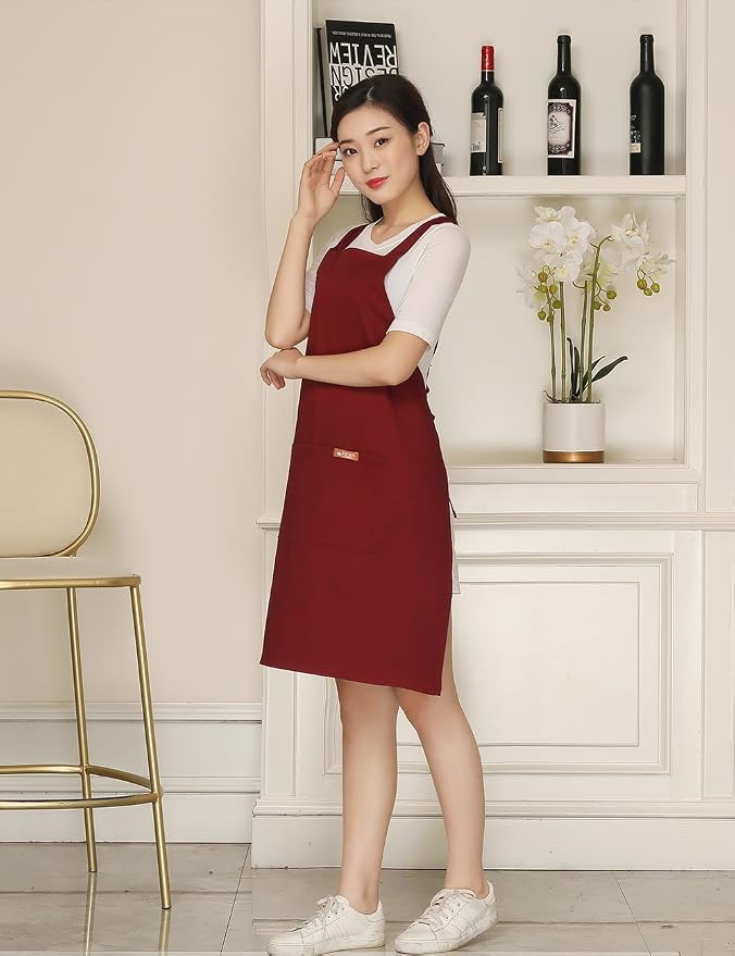 NEWGEM 100% Cotton Cross Back Apron for Women with 2 Pockets - Adjustable Button Straps Pinafore, No Neck Pain Kitchen Chef Apron for Cosmetologist, Hairstylist, Bartender (Burgundy) - Image 3