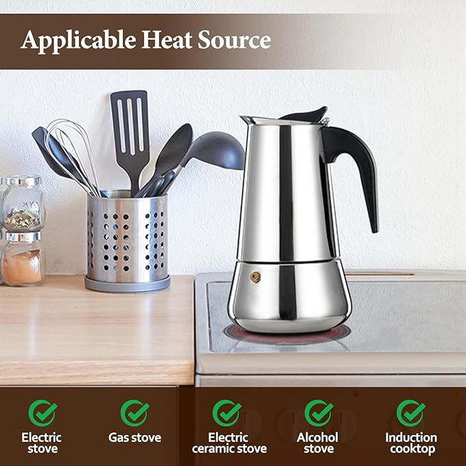 6 Cup Stainless Steel Moka Pot Stovetop Espresso Maker Italian Coffee Machine 300ml 10oz Suitable for Gas Induction Stovetop Mocha Greca Coffee Maker Percolator Tummy