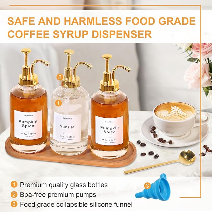 Coffee Syrup Dispenser for Coffee Bar, 16.9oz 500ml Glass Syrup Dispenser w Golden Coffee Scoop, Coffee Syrup Pump Dispenser w 36 Labels and Bamboo Tray, Coffee Syrup Bottles with Golden Pump, 3PCS - Image 5