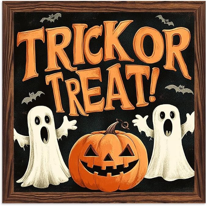 Whimsical Halloween Decorative Sign Trick or Treat Ghosts & Pumpkin Wooden Sign, With Frame Festival Sign for Home Office, Cafe, Bedroom Halloween Decor 7.87x7.87 Inch by Nwijvsn
