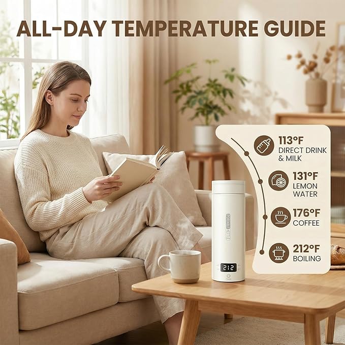 Travel Tea Kettle（110V）, Portable Electric Kettle, 316 Stainless Steel Premium Liner, 4-speed Temperature Adjustment with Auto Shut-off and Boil-Off Protection,White.