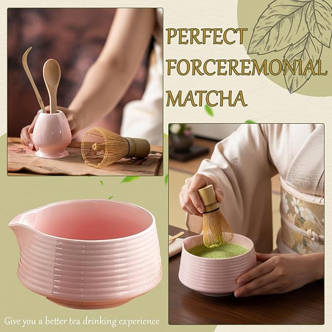 8 Pcs Matcha Whisk Set Chasen Matcha Whisk Bamboo Bowl with Spout Sifter Spoon Scoop Whisk Holder Bamboo Mat Complete Matcha Making Kit (Pink)