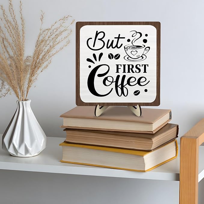 Coffee Bar Sign Plaque, Coffee Bar Accessories,Rustic Farmhouse Cafe Sign for Kitchen Office,Wooden Tabletop Plaque with Stand,Cute Mini Café Bar Decor Gift 5.9x5.9inch