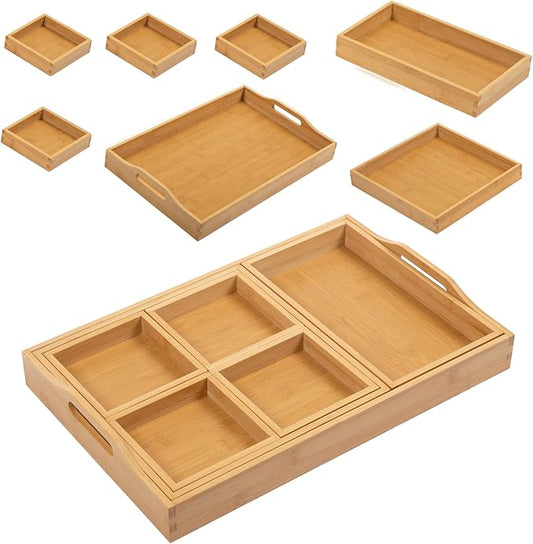 Wooden Tray with Handle - Set of 7 Bamboo Trays for Serving Food - for Breakfast in Bedroom, at Dinner or Coffee Table - Decorative Bamboo Tray