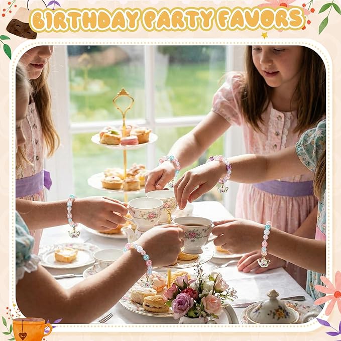 Ecally 12 Pcs Tea Party Favors Bracelet Gift Tea Pot Beaded Bracelet Bulk Party Supplies Pot Pendant Accessories Decorations for Kids Girl