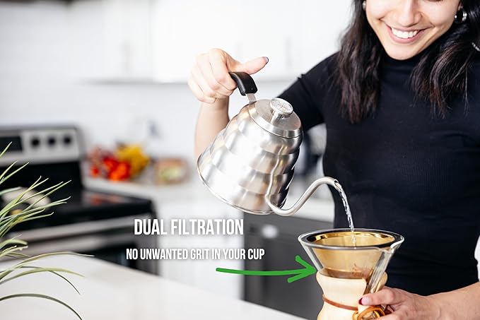 Barista Warrior Reusable Coffee Filter - Stainless Steel Pour Over Dripper, Compatible for Chemex, Hario V60 & Drippers, Easy to Clean Flavorful Brew Fine Mesh Coffee Filter - Gold Titanium Coated