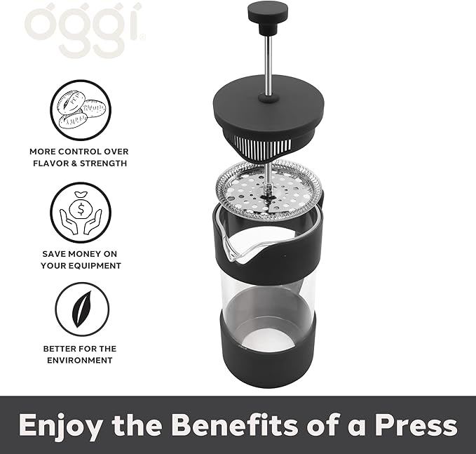 Oggi French Press Coffee Maker (12oz)- Borosilicate Glass, Coffee Press, Single Cup French Press, 3 cup Capacity, Black