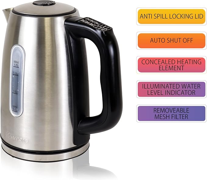 Kenmore 1.7L Cordless Electric Kettle w/ 6 Temperature Pre-Sets, Stainless Steel Teakettle w/LED light, Auto Shut-Off, Keep Warm, Boil-Dry Protection, Silver