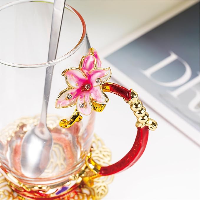 Flower Tea Cup, Lily Flower Clear Glass Fancy Coffee Mug with Spoon,Gift Box for Her Mom Wife Grandma Girls Friends Valentines Christmas Birthday Present Idea for Juice,Hot And Cold Drinks Use