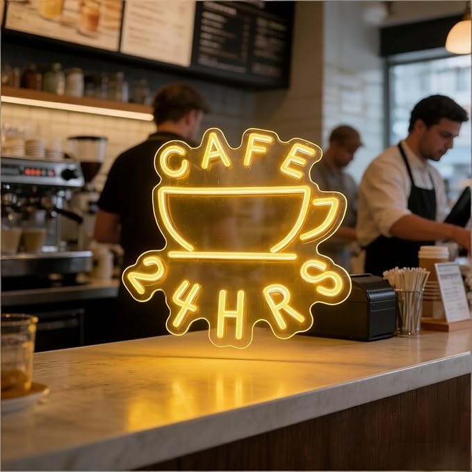 Cafe 24 HRS Neon Sign, Coffee Cup Accent USB Powered Decorative Neon Light for 24 Hour Cafe Shop Restaurant Home Wall Table Food Service Theme Decor 16.1 x 15 In - Image 2