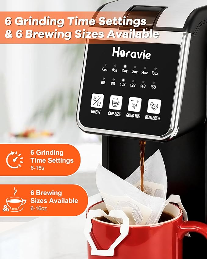 Single Serve Coffee Maker with Built-in Grinder, Fast Brew 6-16oz Single Cup for Whole Beans, Grounds, K-Cup, Grind and Brew Coffee Maker with 47oz Water Tank, Descaling Alert, Black