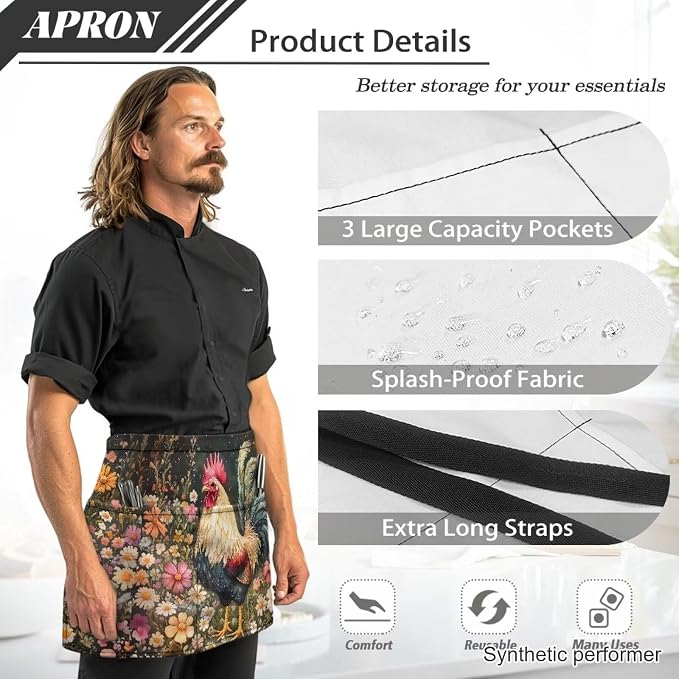 Waist Apron with 3 Pockets Waterproof 13 Inch Short Half Waist Aprons Women Men Server Aprons Waitress Waiter Apron - Image 6