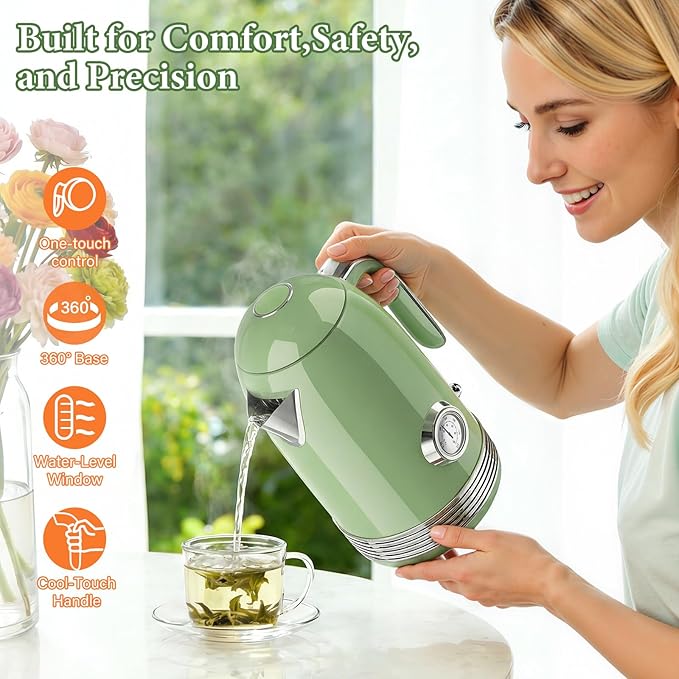 1.7L Electric Tea Kettle with Thermometer, 1500W Retro Stainless Steel Hot Water Kettle,Fast Boil Cordless Electric Kettle,Auto Shut-Off & Boil-Dry Protection