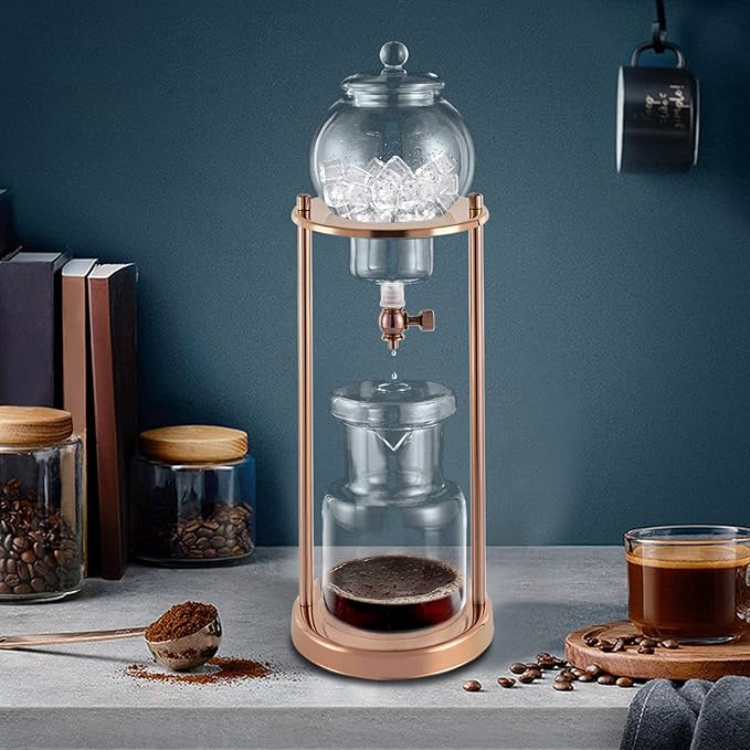 Ice Cold Brew Dripper Coffee Maker, 600Ml Ice Coffee Makers Cold Brew Machine Stainless Steel and Borosilicate Glass Copper Coffee Maker Extraction Approx 4h 2drops/S for 6-8 People (Gold)