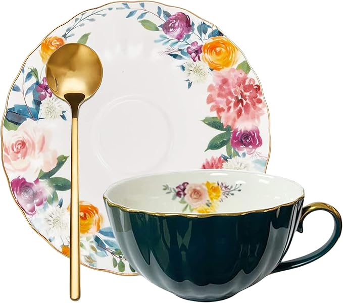 ONEUSTAR Tea Cup and Saucer Set for 1 Bone China Floral Teacup with Spoon 8 oz Coffee Cup Cappuccino Latte Mug for Birthday Christmas Gift, Green