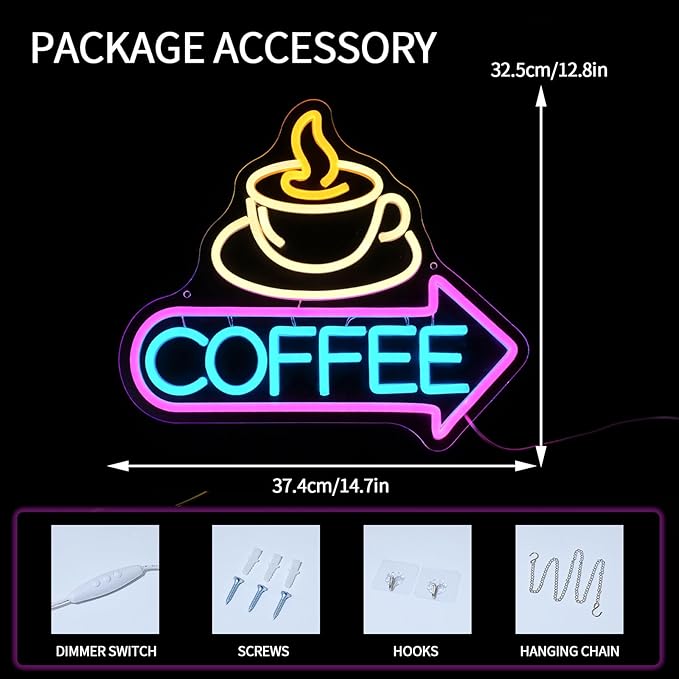 Coffee Neon Sign for Wall Decor Dimmable Coffee Bar Led Light Signs Coffee Business Neon Signs for Cafe Neon Light for Man Cave Coffee Shop Kitchen Club Party Restaurant Home Bar Gifts