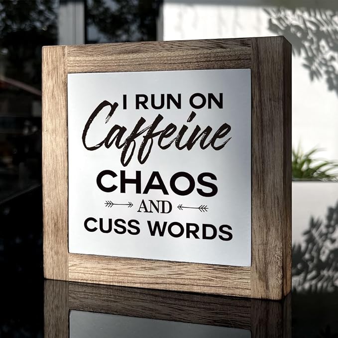 Modern Farmhouse Coffee Decor, White & Brown Wooden Box Sign, 5.9x5.9x0.7 Inch, I Run On Caffeine Chaos And Cuss Words - Image 3