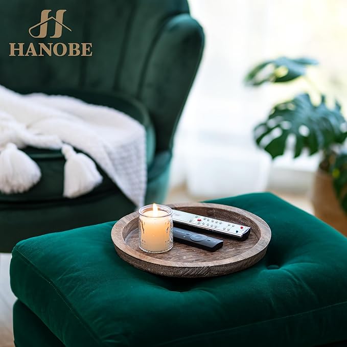Hanobe Wooden Tray for Coffee Table: Candle Holder Plate Round Decorative Serving Tray - Vintage Table Centerpiece Rustic Farmhouse Home Decor