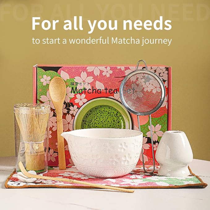 8-Piece Matcha Ceremony Set - Tea Kit with Cherry Blossom Bowl, Bamboo Whisk, Wood Scoops, Tea Cloth & Floral Display - Gift-Ready Pink Cherry color box (white)